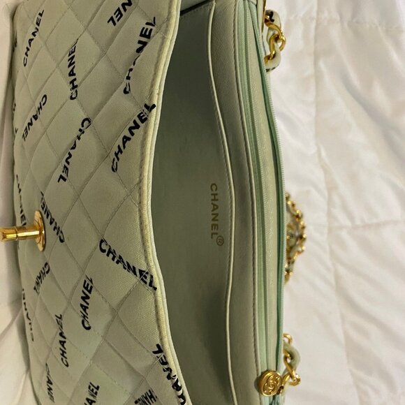 Vintage Chanel Light Mint Green Maxi Jumbo Logo Pattern Quilted Cotton Shoulder - Picture 12 of 15